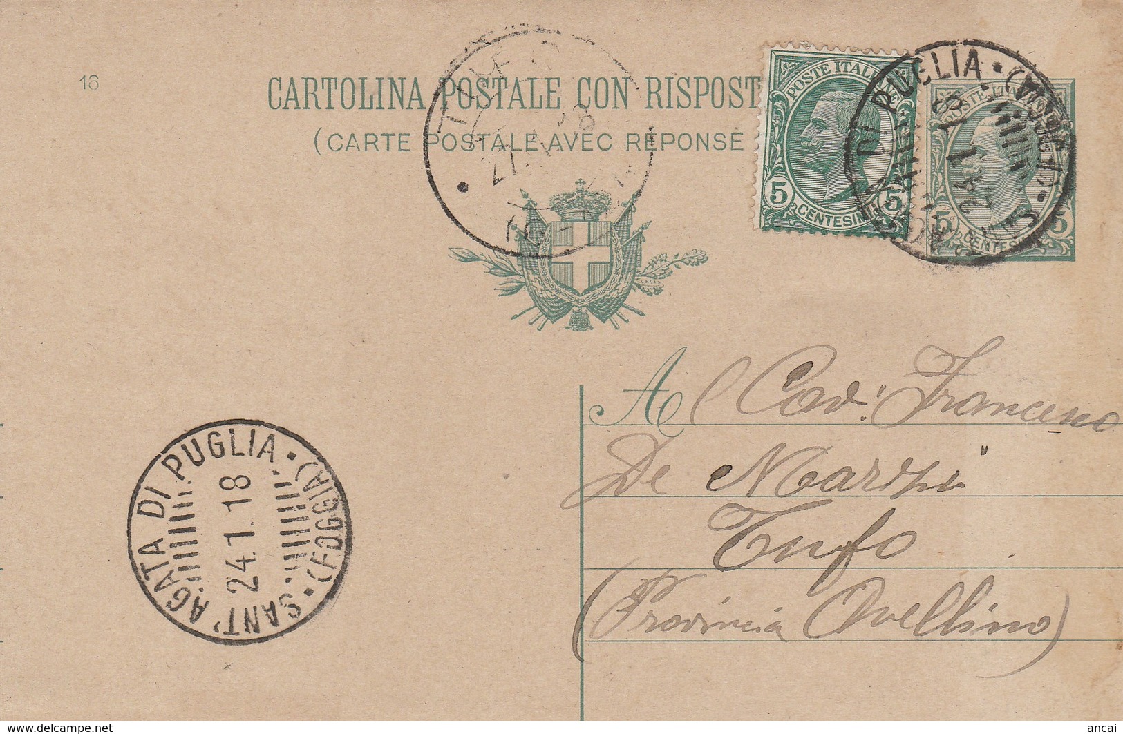 Sant'Agata Di Puglia. 1918. Annullo Guller SANT'AGATA DI PUGLIA (FOGGIA), Su Cartolina Postale Con Testo. - Marcofilía