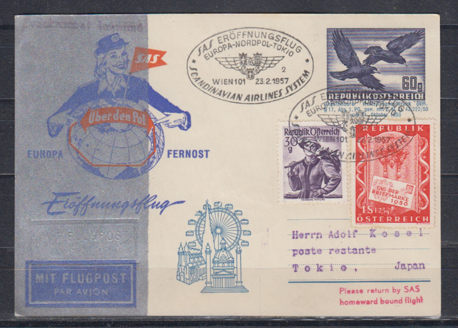 Österreich Privatganzsache 60g Luftpost Vögel ZuF Zum Eröffnungsflug SAS Europa-Nordpol-Tokio 23.2.1957 - Autres & Non Classés