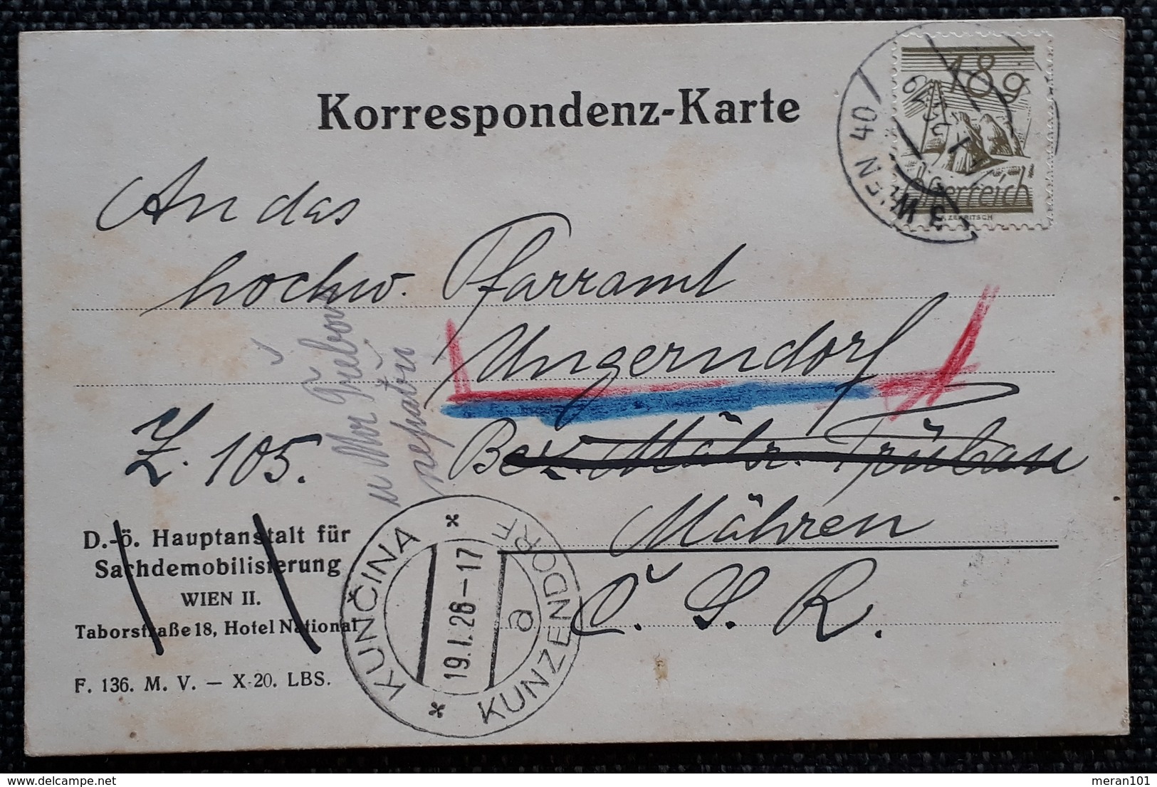 Österreich 1926, Postkarte Mi 458, Wien Gelaufen KUNZDORF(KUNICINA) - Briefe U. Dokumente