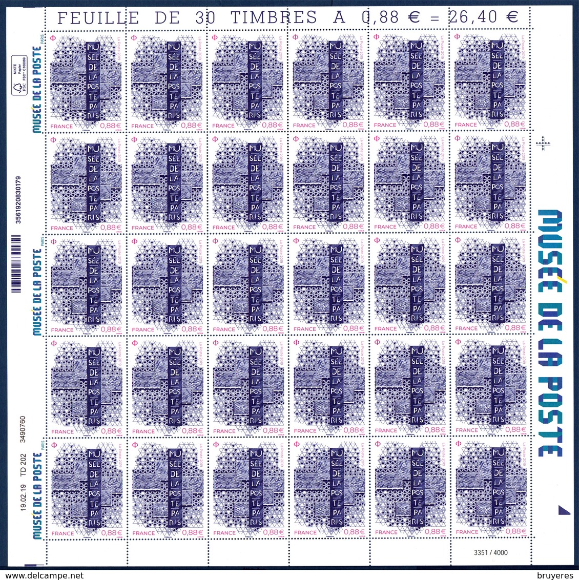 FEUILLE** De 30 Timbres** Gommés De 2019  "0,88 - Spéciale MUSEE DE LA POSTE" (avec  Bobst) - Feuilles Complètes