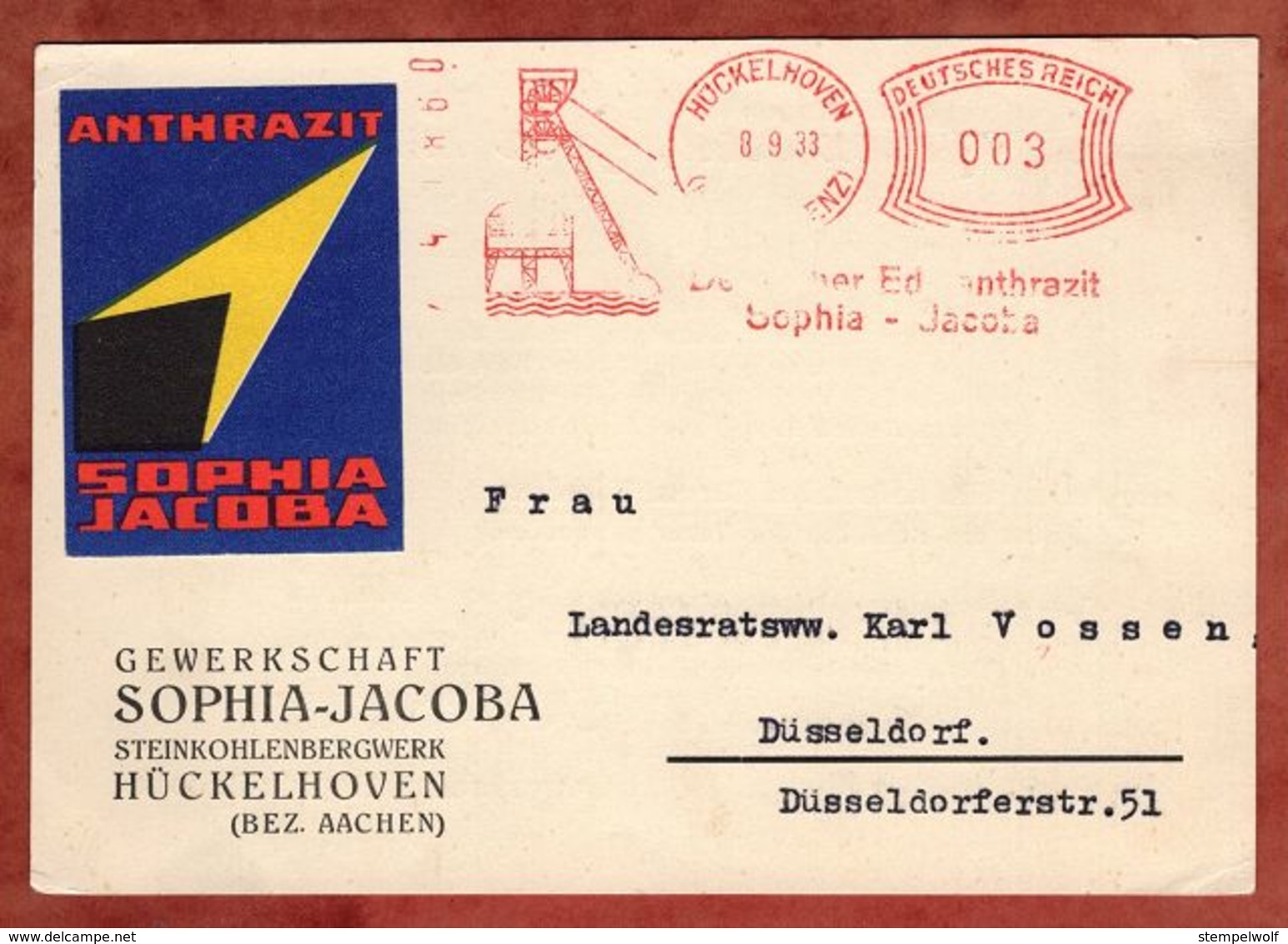 Karte, Absenderfreistempel, Deutscher Edelanthrazit Sophia-Jacoba, 3 Pfg, Hueckelhoven 1933 (88810) - Briefe U. Dokumente