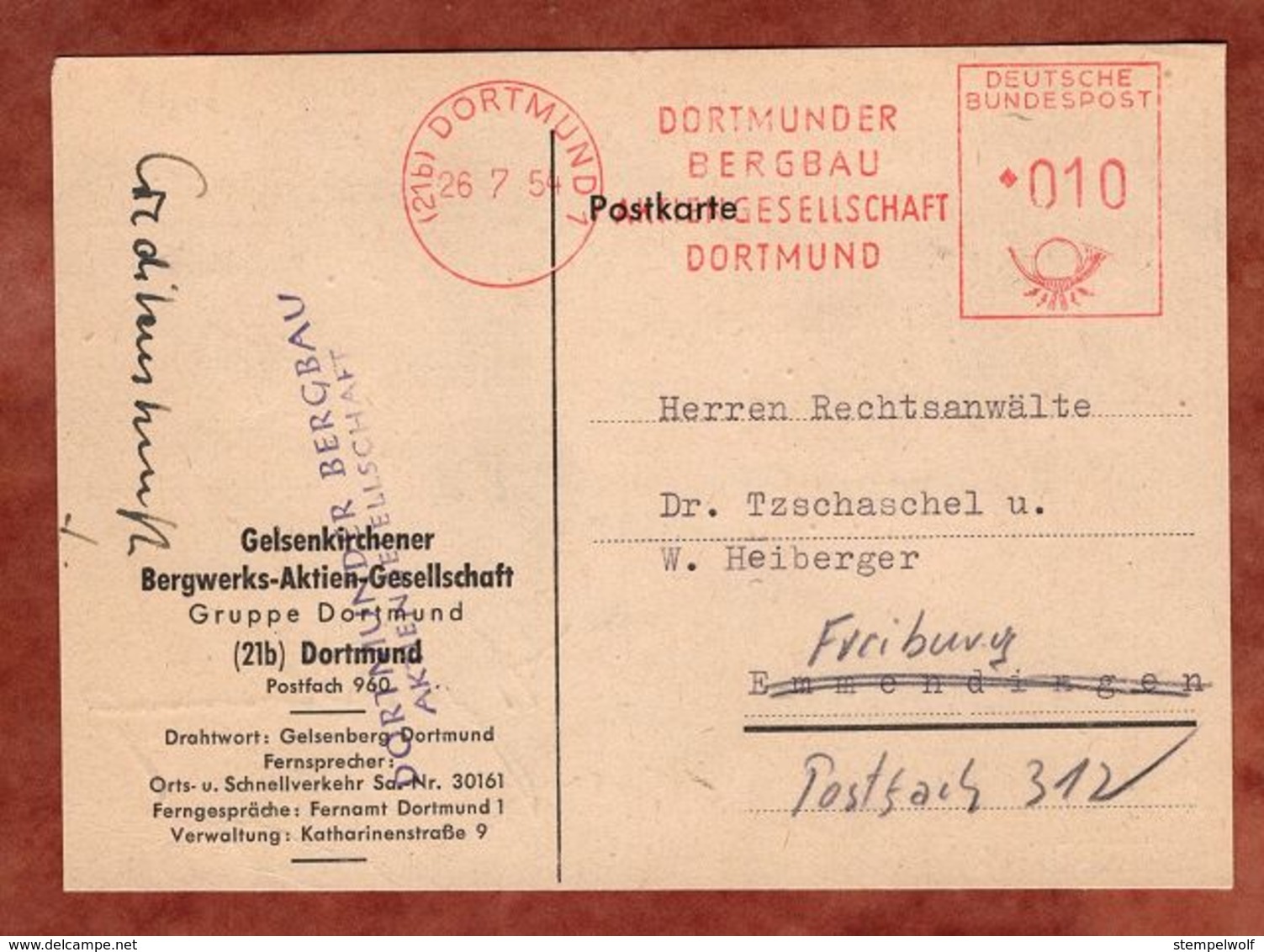 Karte, Absenderfreistempel, Dortmunder Bergbau, 10 Pfg, Dortmund 1954 (88811) - Briefe U. Dokumente