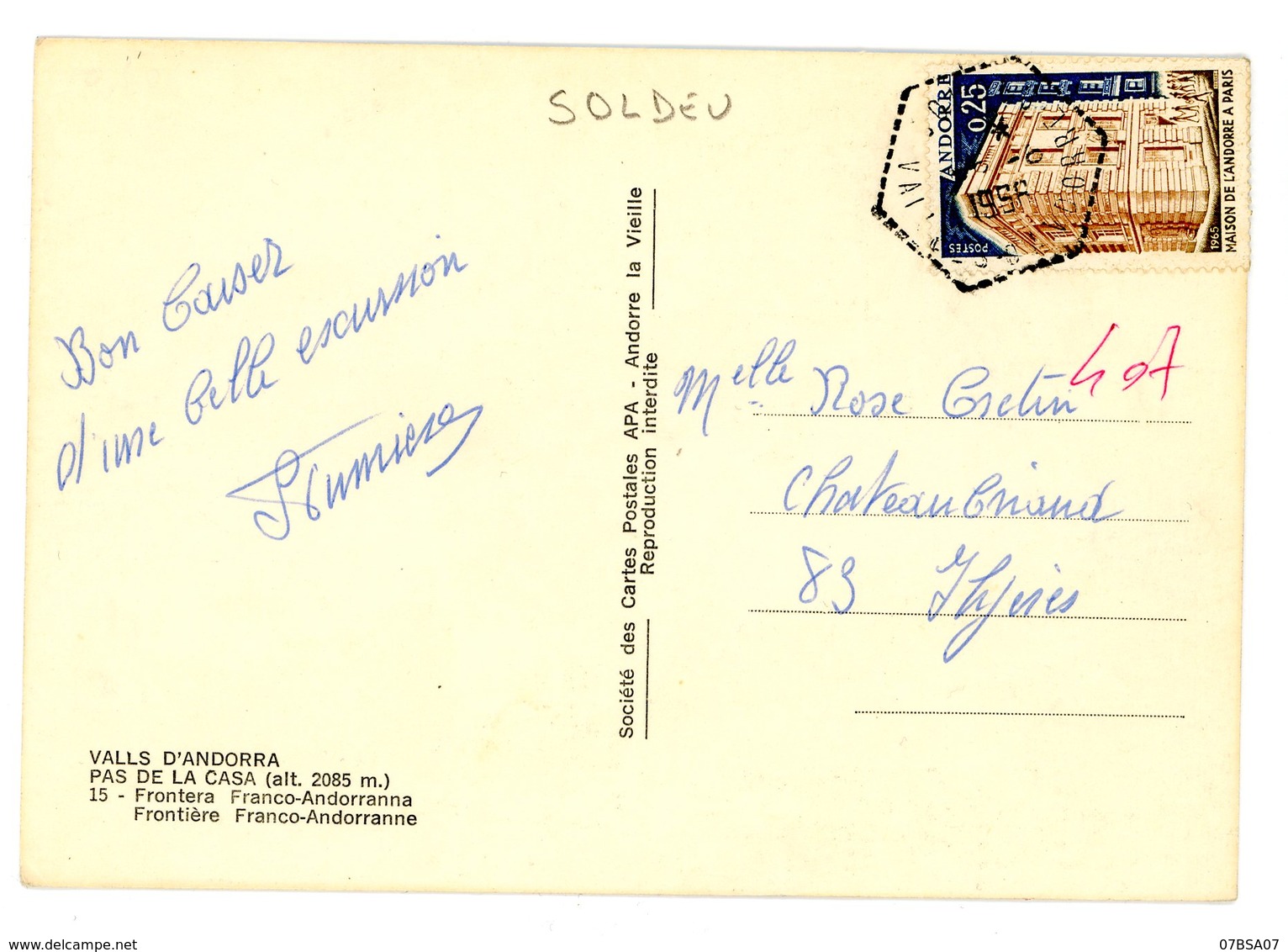 ANDORRE CP 1958 SOLDEU AGENCE POSTALE - Storia Postale