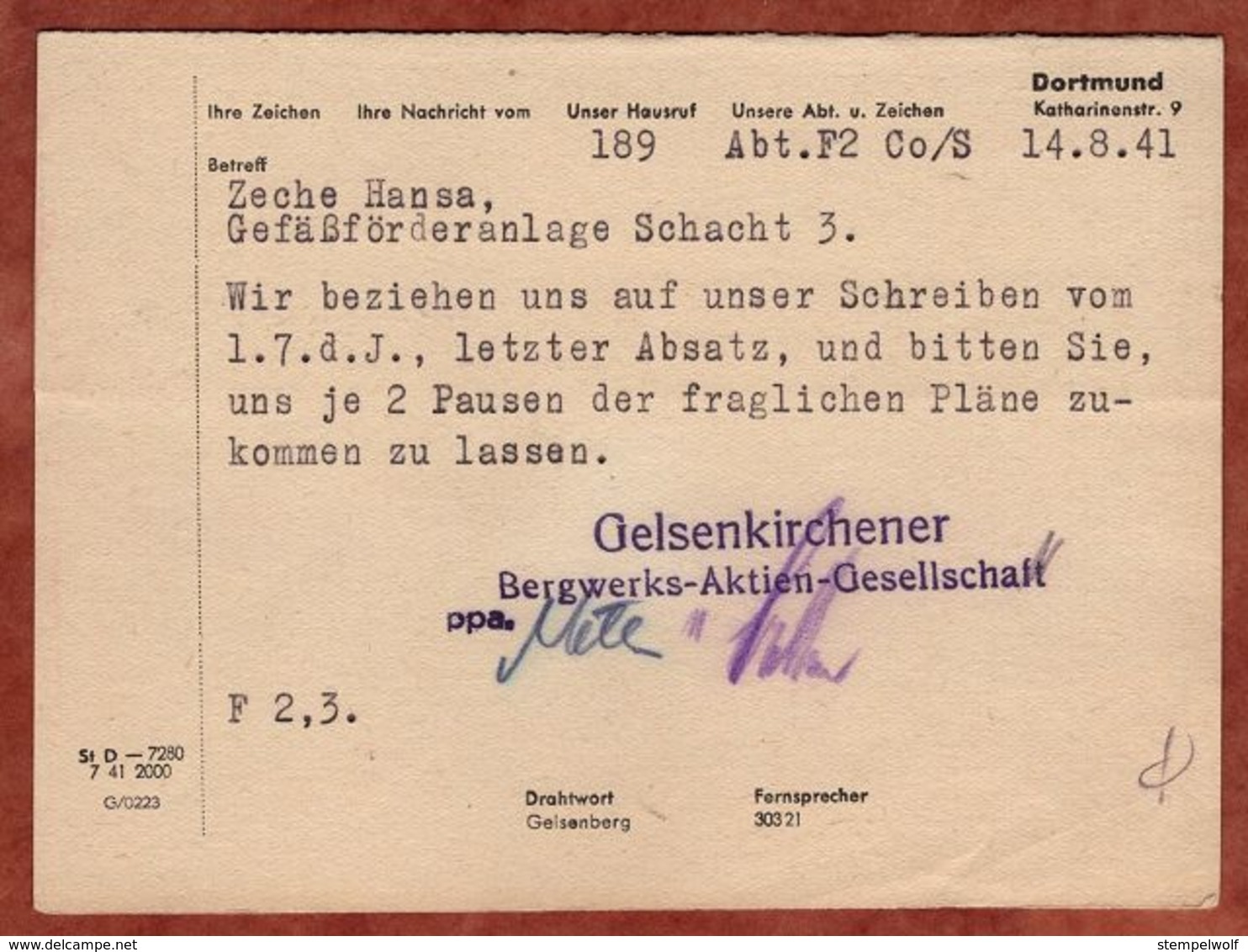 Karte, Absenderfreistempel, Gelsenkirchener Bergwerks-AG, 6 Pfg, Dortmund 1941 (88815) - Storia Postale