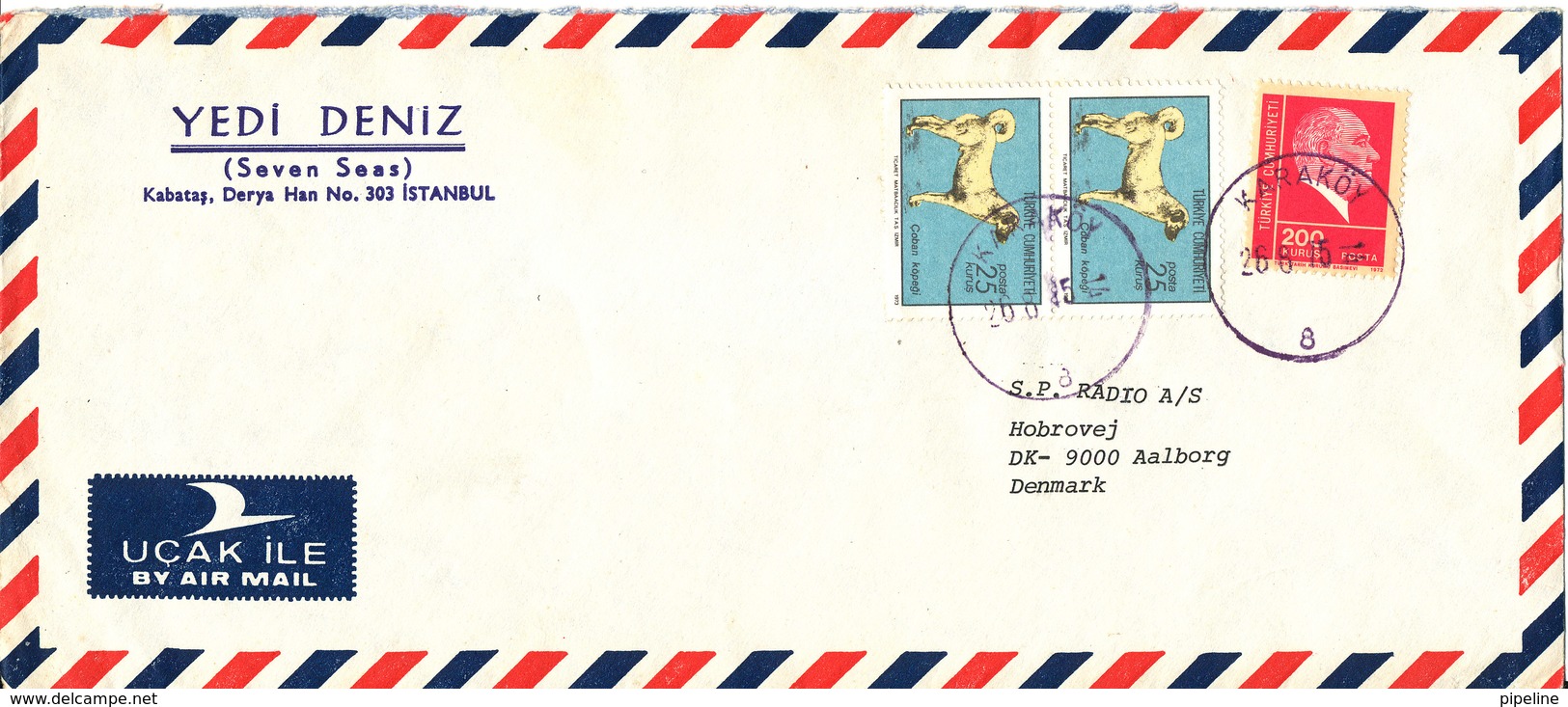 Turkey Air Mail Cover Sent To Denmark Karaköy 26-8-1975 - Airmail