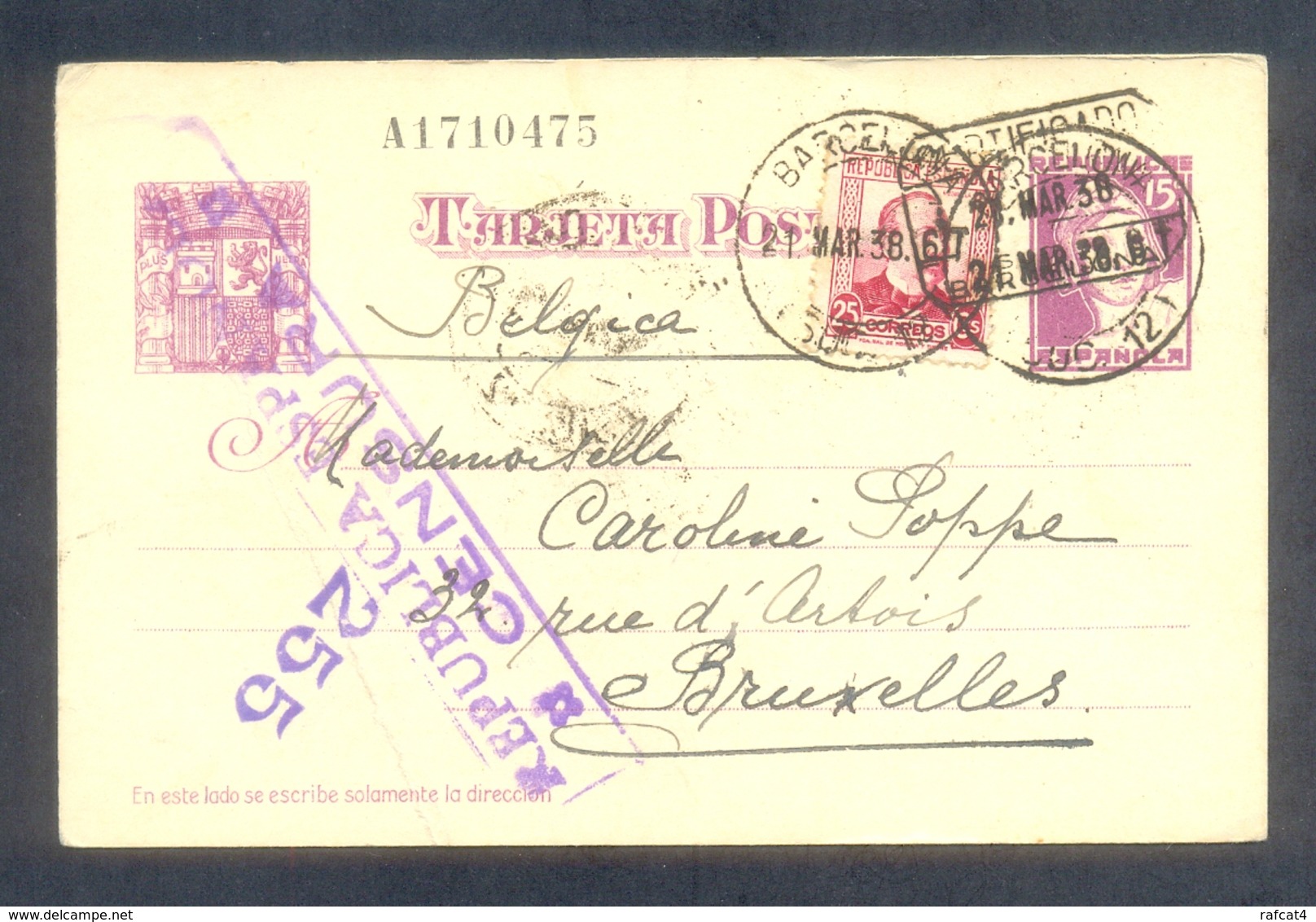 GUERRA CIVIL ESPAÑOLA. 1938. ENTERO POSTAL CIRCULADO CON FRANQUEO COMPLEMENTARIO DE BARCELONA A BRUSELAS. - 1931-....