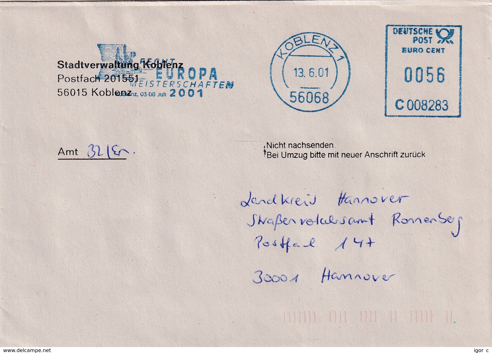 Germany Deutschland 2001 Cover: Sport Fencing Fechten European Championship Koblenz; Ema Freistempel Meter Cancellation - Fencing