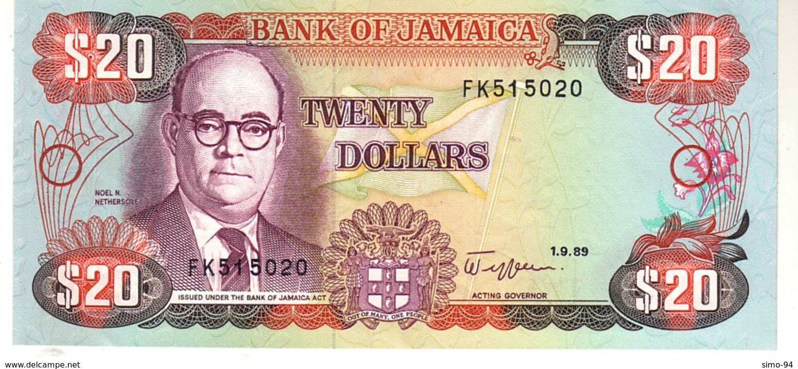 Jamaica P.72 20 Dollars 1989  Unc - Giamaica