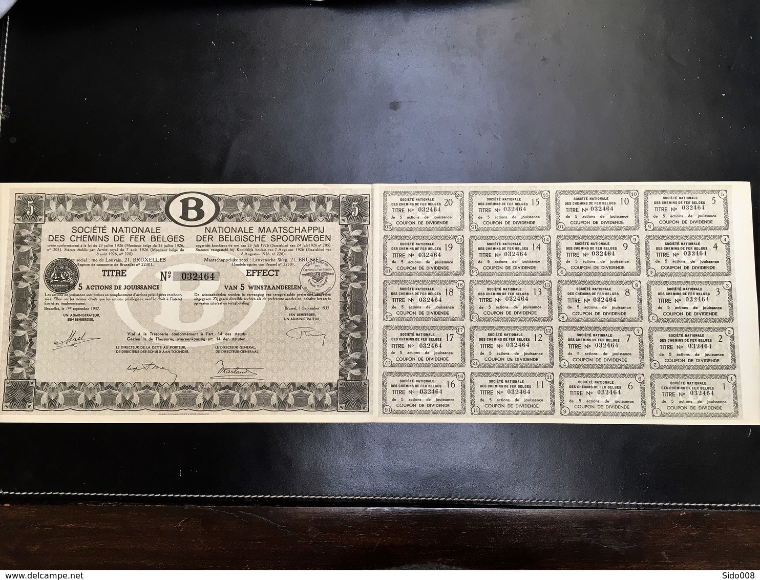 Chemins De Fer Belges - Titre De 5 Actions De Jouissance - 1937 N° 032464 - Chemin De Fer & Tramway