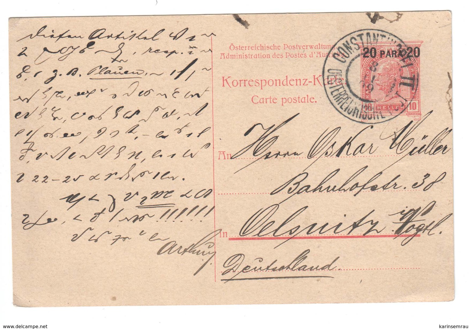 Österreichische Post In Konstantinopel , Ganzsache Nach Deutschland , 1909 - Briefe U. Dokumente