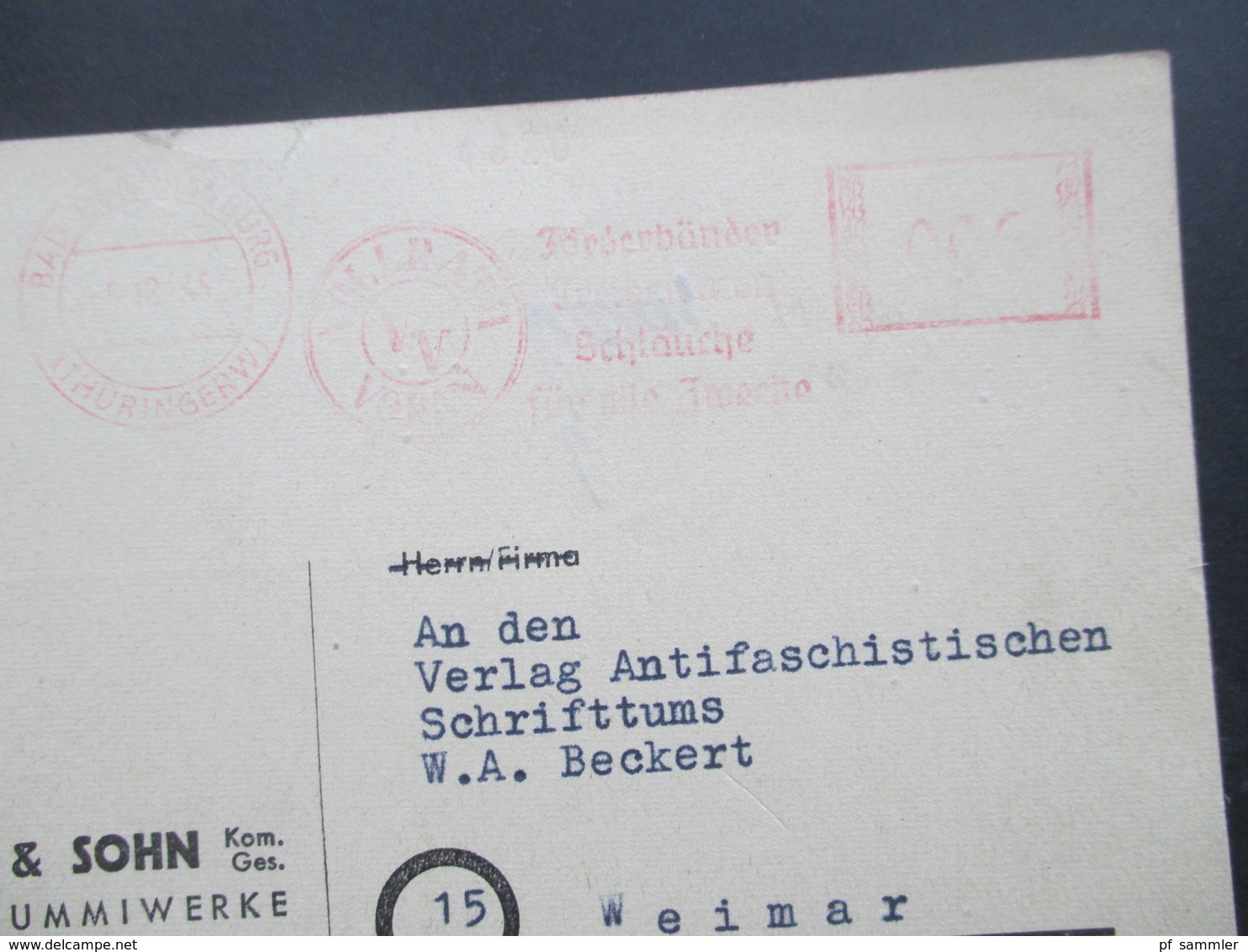 Bizone 5.12.1945 Aptierter Freistempel An Den Verlag Antifaschistischen Schrifttums "Wahrheit über Das KZ Buchenwald" - Sonstige & Ohne Zuordnung