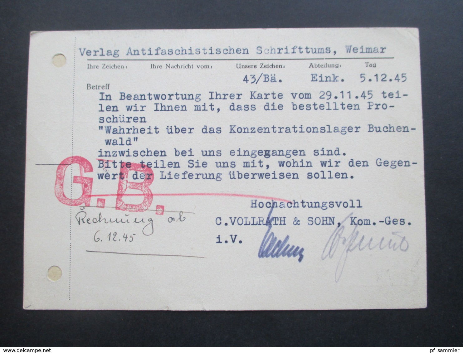 Bizone 5.12.1945 Aptierter Freistempel An Den Verlag Antifaschistischen Schrifttums "Wahrheit über Das KZ Buchenwald" - Sonstige & Ohne Zuordnung