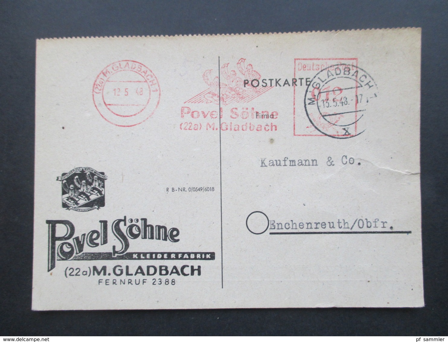 Bizone 1948 Dekorative Firmen PK Mit Freistempel Pavel Söhne M.Gladbach Kleiderfabrik - Sonstige & Ohne Zuordnung