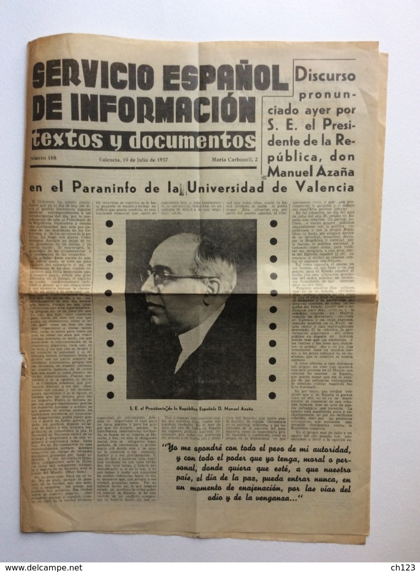 Guerre D'ESPAGNE  Journal Servicio Espanol De Informacion Juillet 1937 N° 168 - Documents Historiques