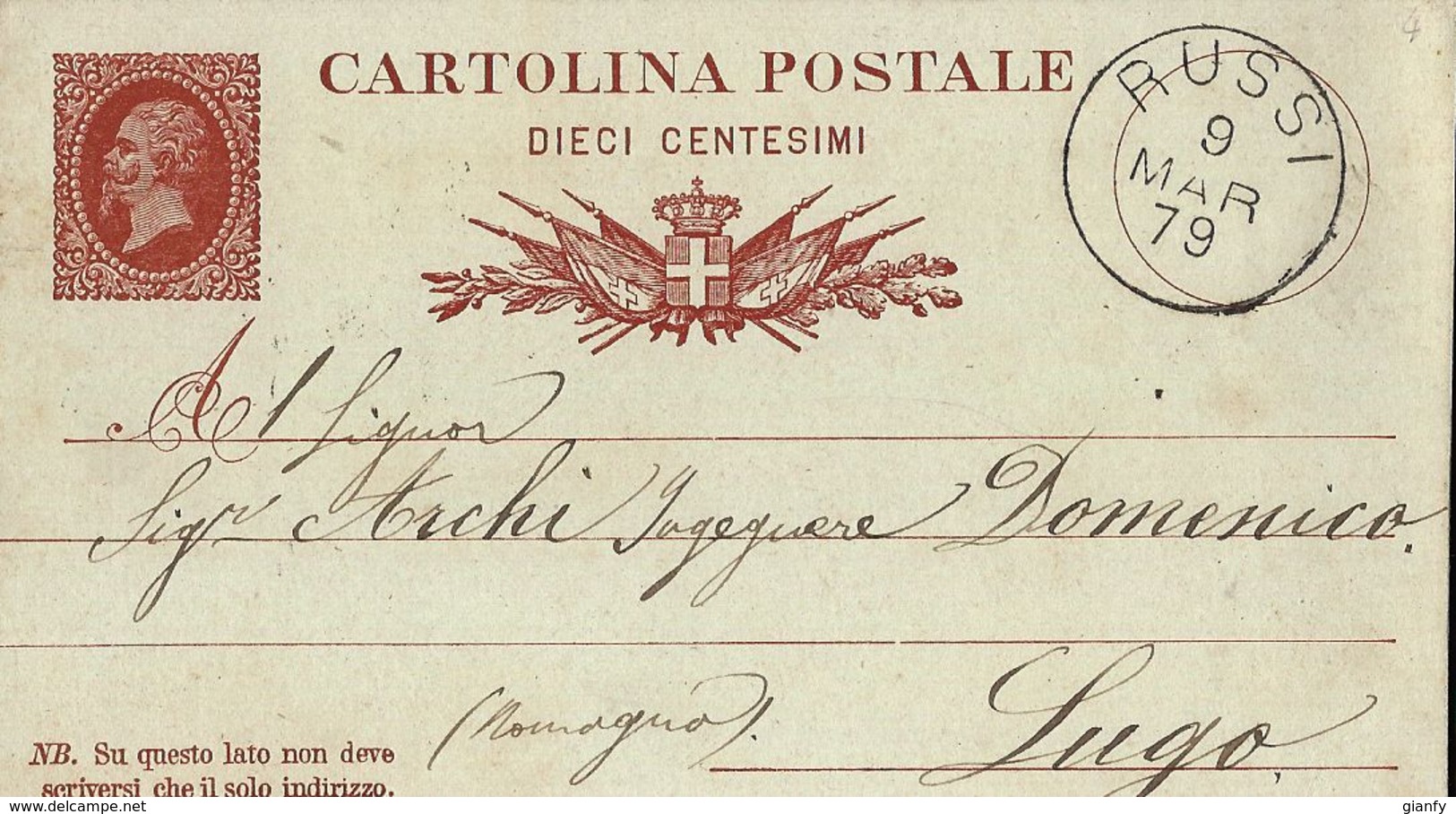 INTERO REGNO  VITTORIO EMANUELE II EFFIGE REALE 10 CENT 1879 RUSSI X LUGO - Entero Postal