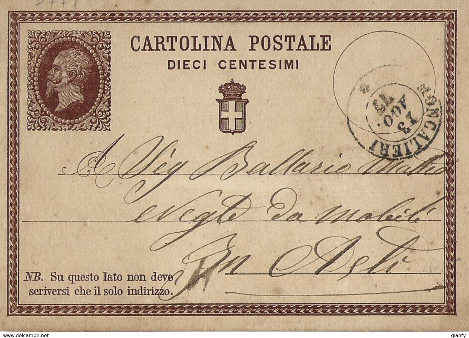 INTERO REGNO  VITTORIO EMANUELE II 10 CENT 1877 MONCALIERI X ASTI - Ganzsachen