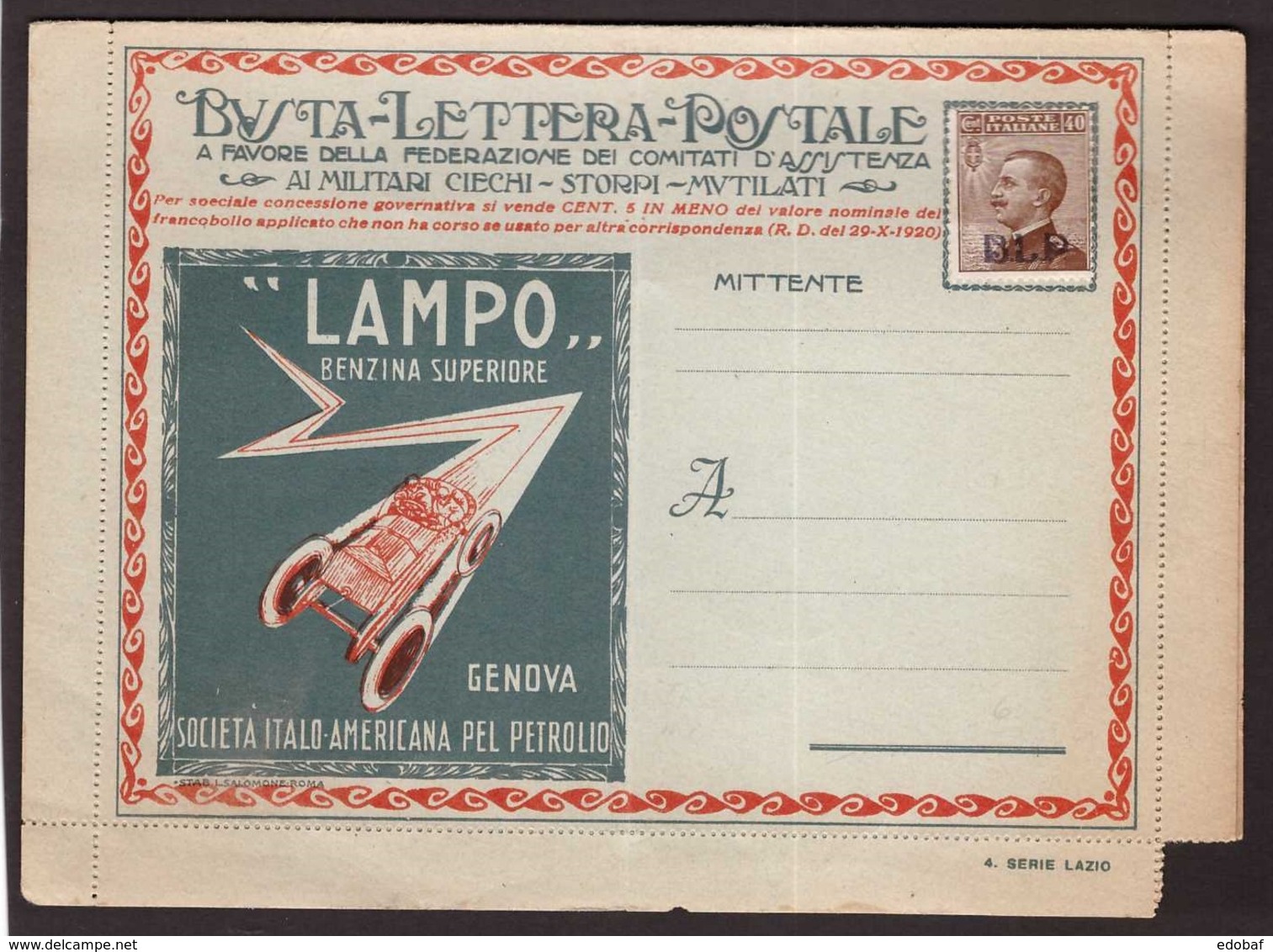 Regno, 40 Centesimi BLP II Tipo Su Busta Pubblicitaria 4 Serie Lazio Non Viaggiata    -A03 - Timbres Pour Envel. Publicitaires (BLP)