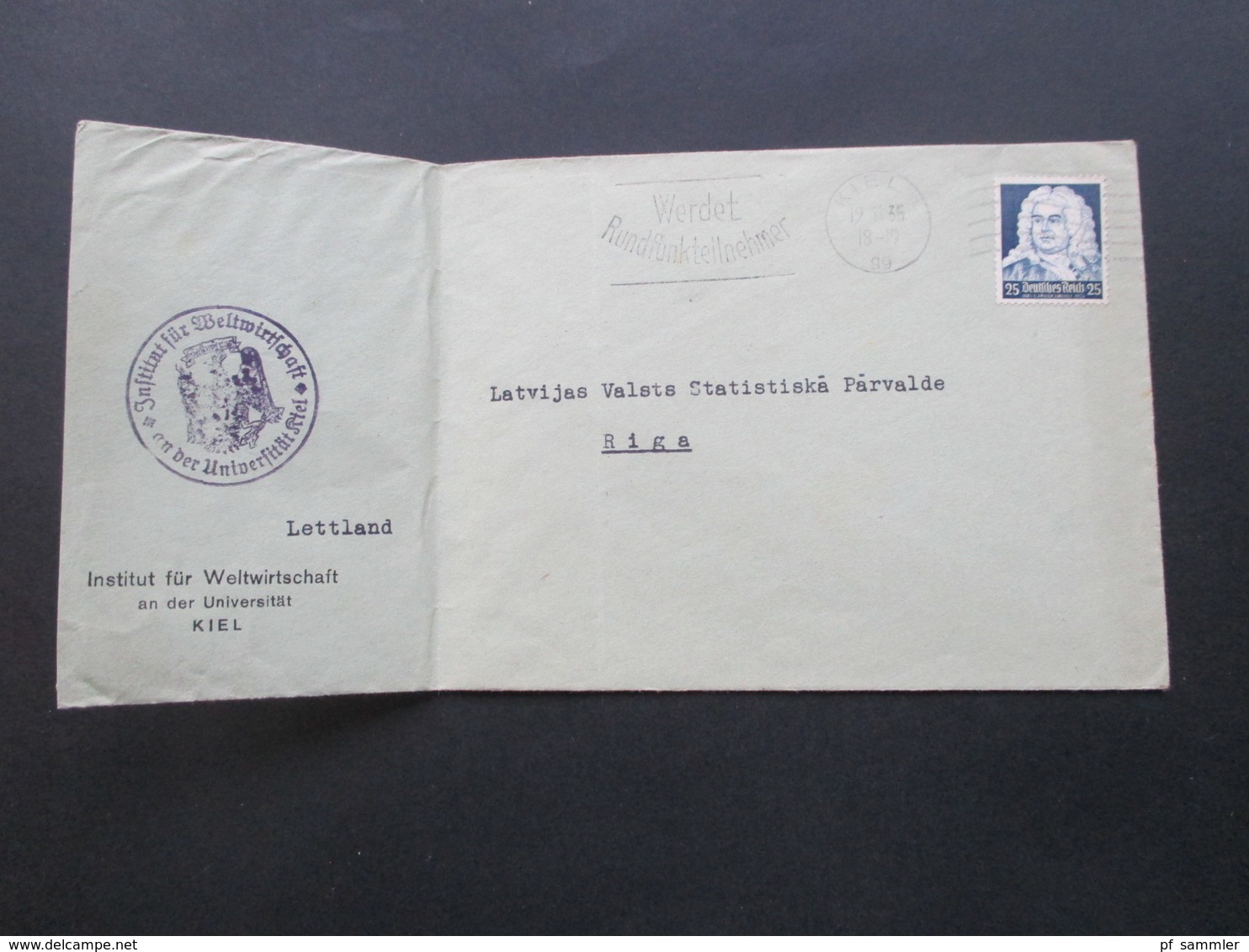 3. Reich 1935 Händel Nr. 575 EF Auf Brief Nach Riga Lettland Brief Vom Institut Für Weltwirtschaft Universität Kiel - Briefe U. Dokumente