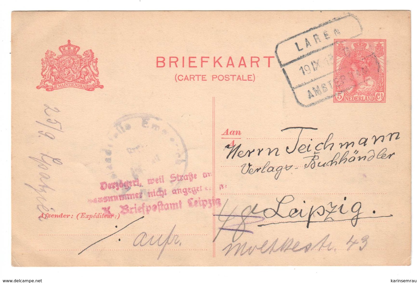 Niederlande 1918 , Zensierte Ganzsache Mit Deutschem Postvermerk - Briefe U. Dokumente