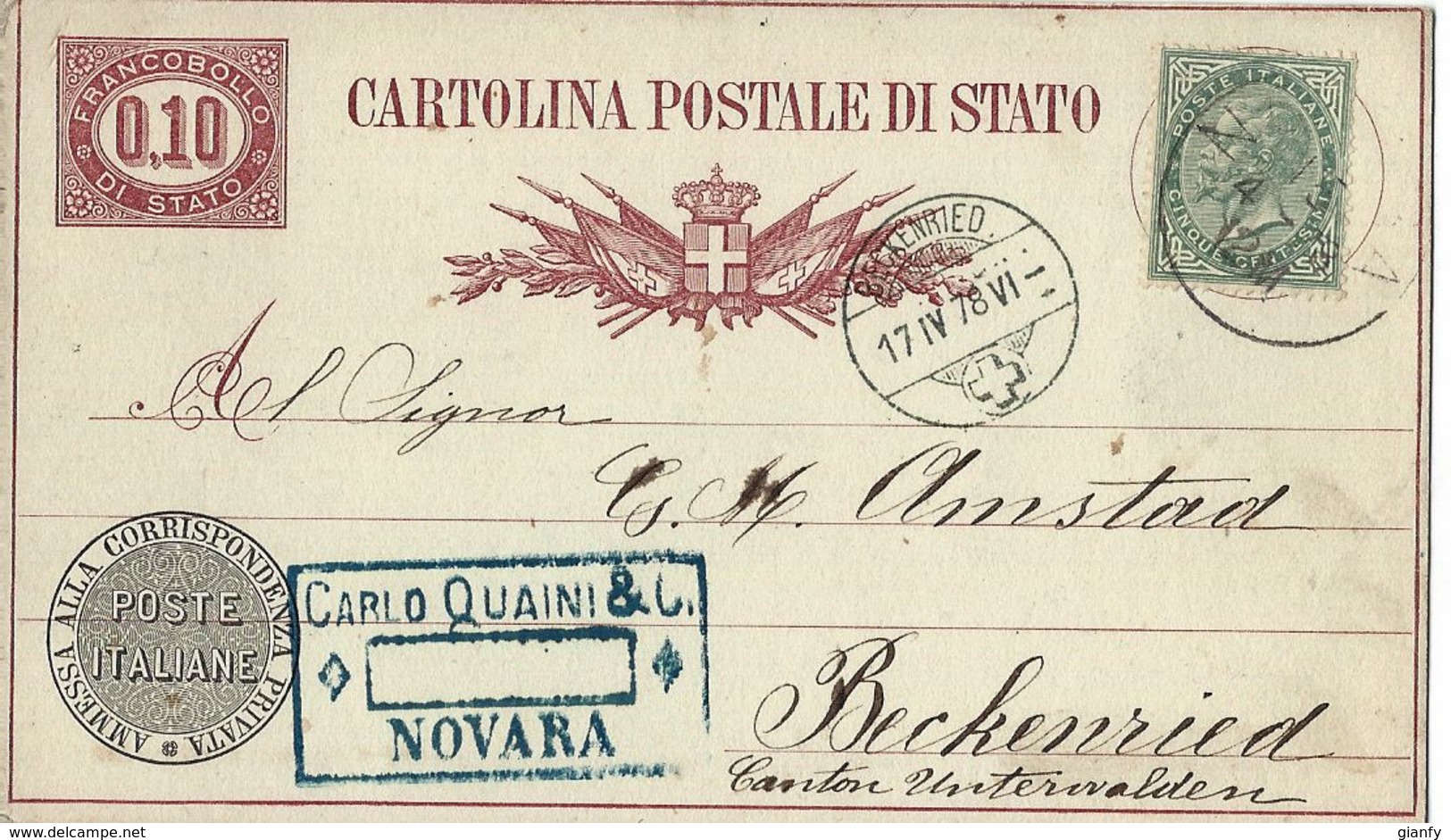 INTERO REGNO  SERVIZIO DI STATO 10 CENT + 5 1878 NOVARA X ESTERO - Entiers Postaux