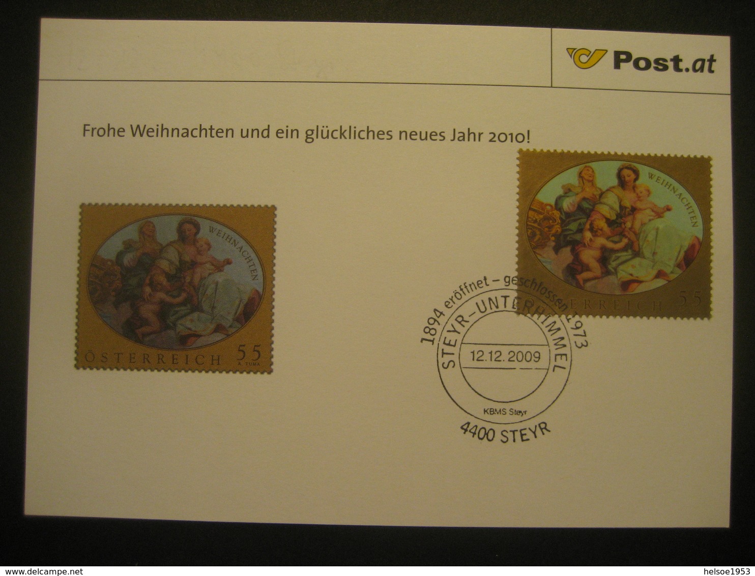 Österreich- Advent Steyr-Unterhimmel 12.12.2009, Erinnerungs SSTp., Und Steyr Die Christkindlstadt Vom 7.12.1996 - Storia Postale