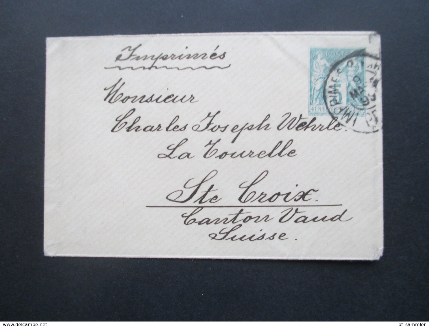 Frankreich 1899 Kleiner GA Umschlag Von Paris In Die Schweiz Nach Ste Croix Mit Ak Rasierklingenstempel Ste Croix - 1898-1900 Sage (Type III)