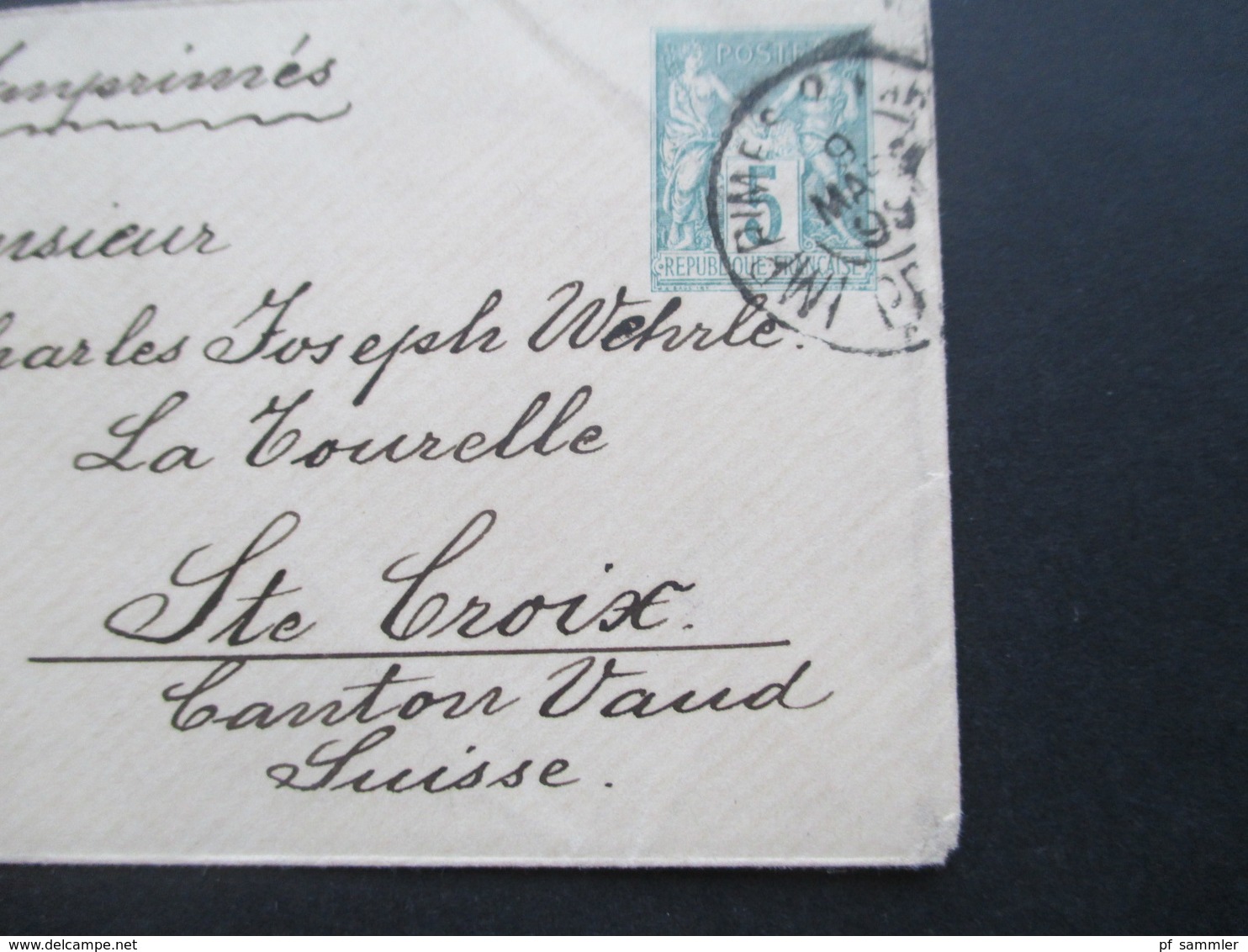 Frankreich 1899 Kleiner GA Umschlag Von Paris In Die Schweiz Nach Ste Croix Mit Ak Rasierklingenstempel Ste Croix - 1898-1900 Sage (Type III)