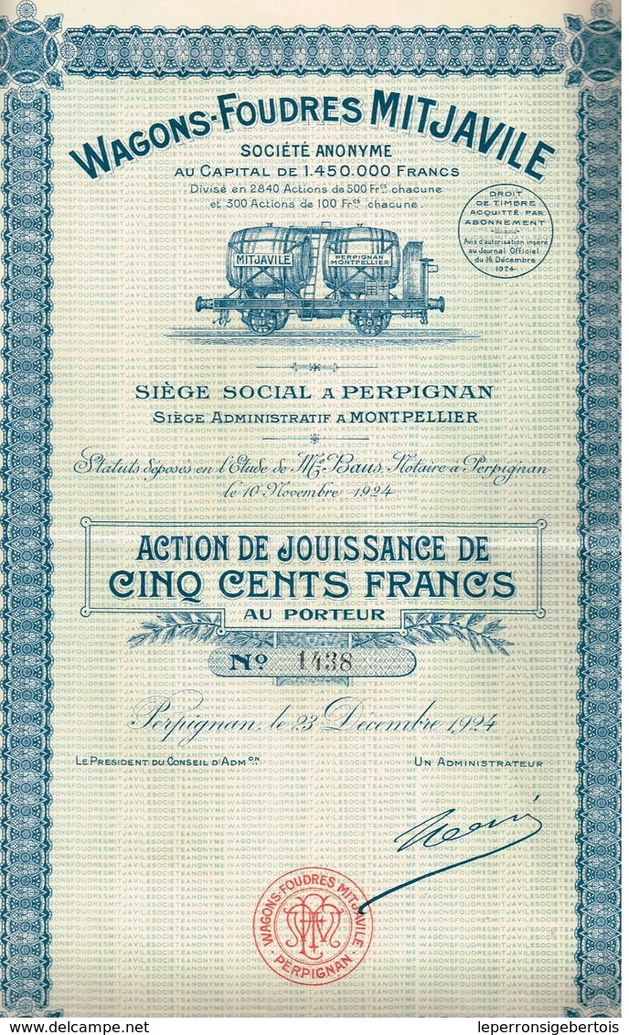 Titre Ancien - Wagons-Foudres Mitjaville  - Société Anonyme -Titre De 1924 - - Spoorwegen En Trams