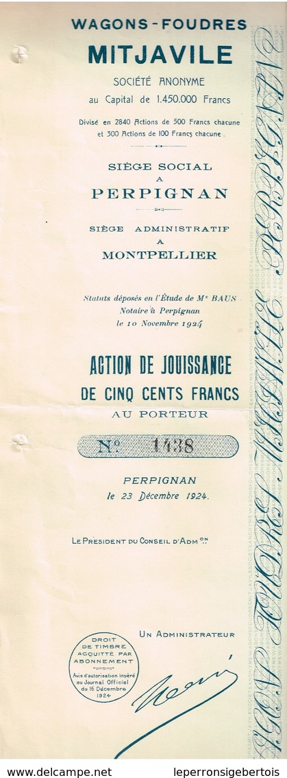 Titre Ancien - Wagons-Foudres Mitjaville  - Société Anonyme -Titre De 1924 - - Chemin De Fer & Tramway