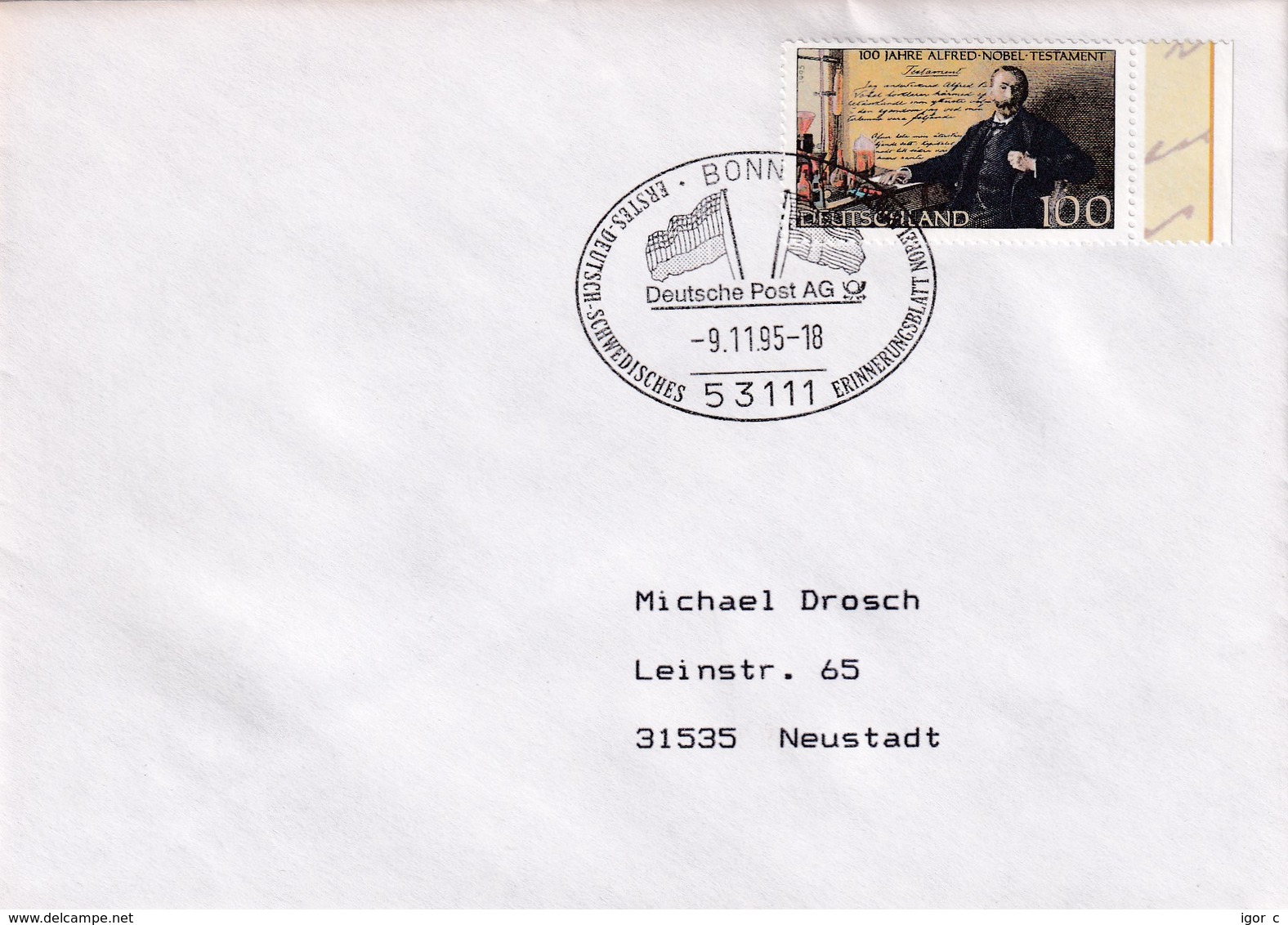 Germany 1995 Cover: Nobel Prize; Alfred Nobel Testament; Sweden And Gerymany Flags - Nobelpreisträger