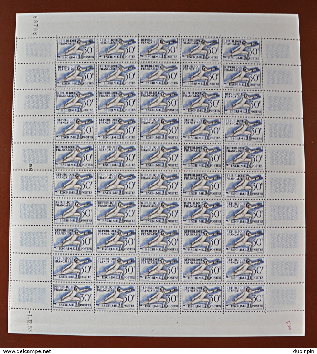 Feuille Complète De 50 Timbres FRANCE 1953 N°962  (JEUX OLYMPIQUES D'HELSINKI 1952. ESCRIME. 30F) - Feuilles Complètes