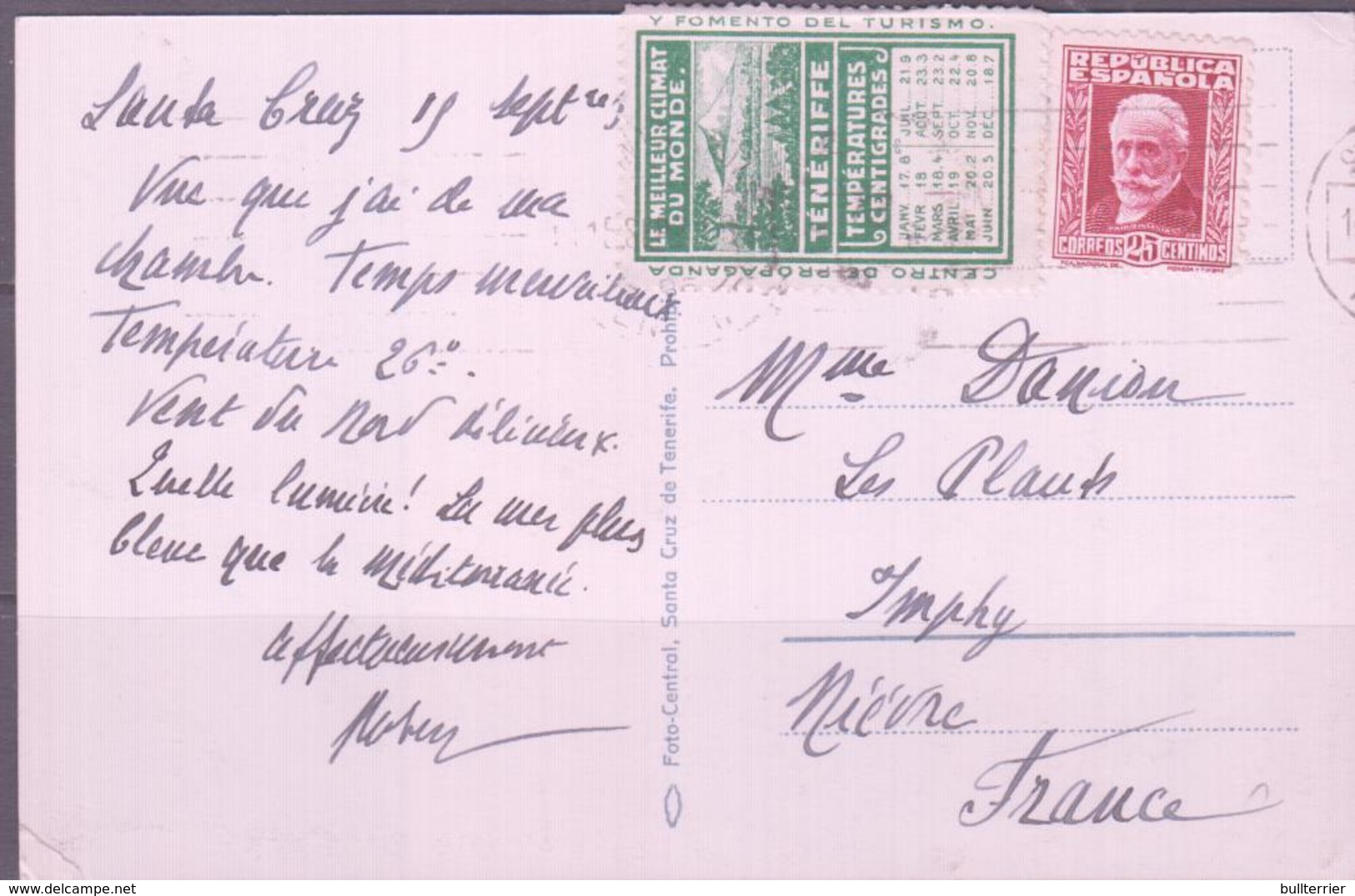 METEOROLOGY - SPAIN- 1930s  POSTCARD TO FRANCE WITH GREEN CLIMATE LABEL  AND SAME MINT IN BROWN - Climate & Meteorology
