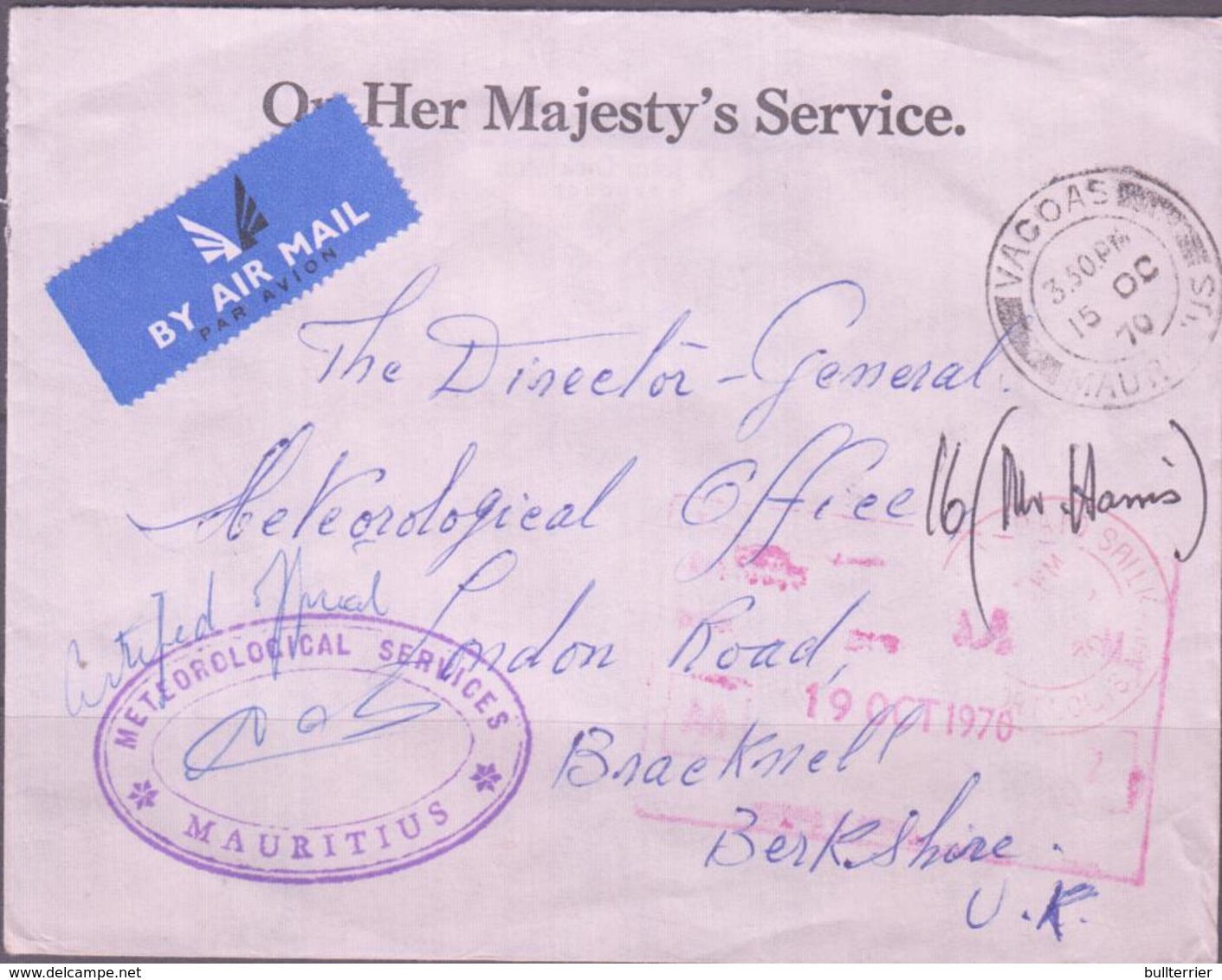 METEOROLOGY -MAURITIUS - 1970- OHMS  METEOROLOGICL SERVICE COVER TO BRACKNELL - Climate & Meteorology