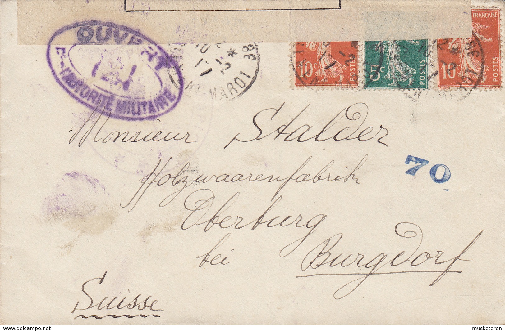 France 1917 Cover Lettre OBERBURG Burgdorf (Arr.) Suisse Purple OUVERT L'Autoritaire Militaire Cds. & Label 3x Semeuse - 1906-38 Säerin, Untergrund Glatt