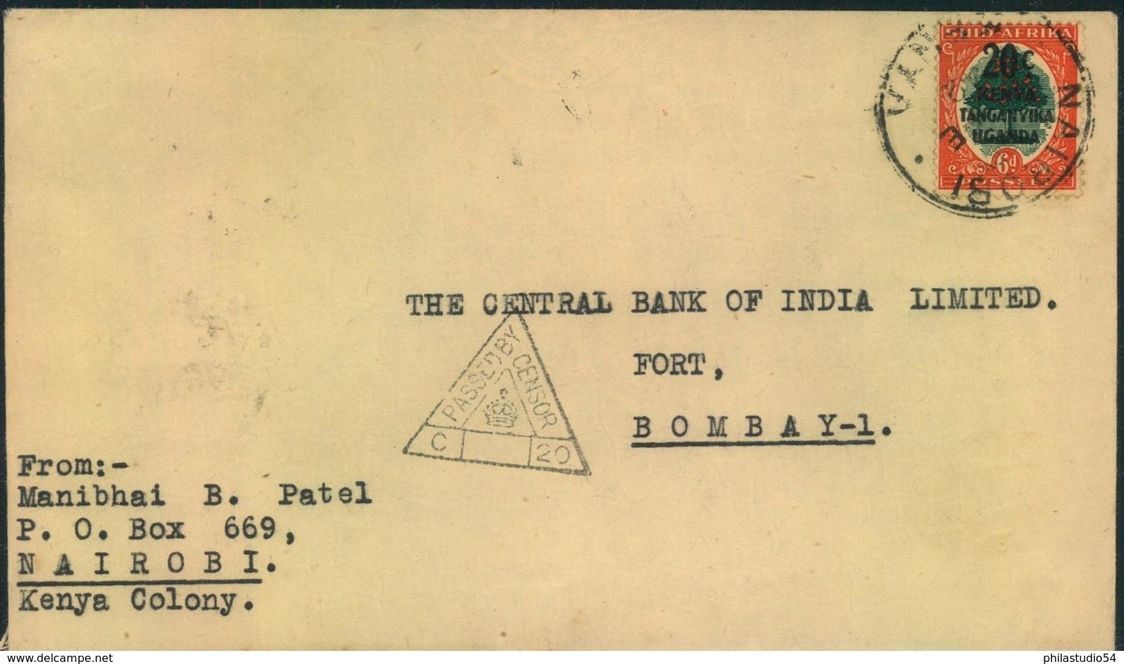 1942, Commercial Envelope From NAIROBI With "PASSED CENSOR C 20" To Bambay, India - Kenya, Ouganda & Tanganyika