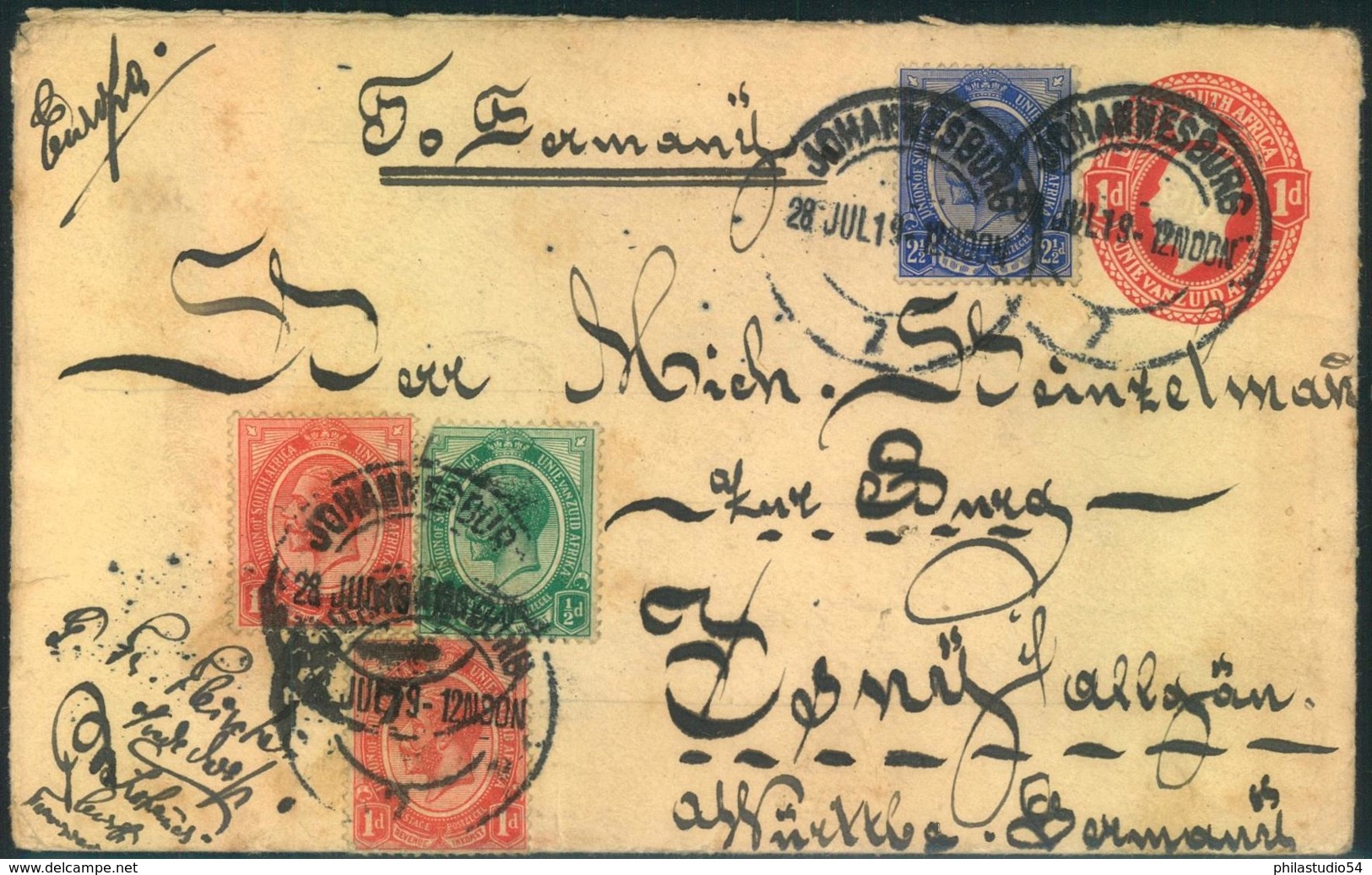 1919, Stationery Envelope With Additional Franking From JOHANNESBURG To Isny, Bavaria - Ohne Zuordnung