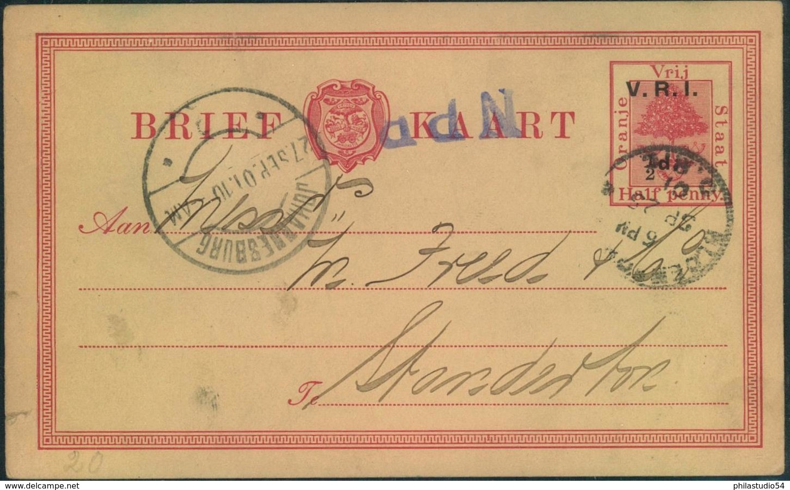 1900, "1/2 D." On "Half Penny" Stationery Card Via JOHANNESBURG To Standerton - Orange Free State (1868-1909)