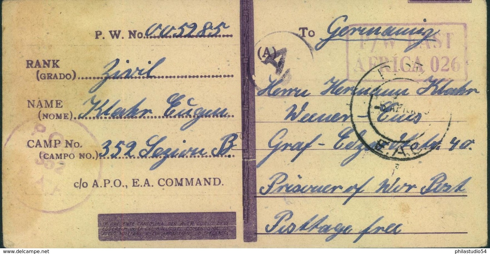 1942, P.O.W. Card To Weener, Germany Form Camp "352 Legion B" With Italian Censor - Kenya, Oeganda & Tanganyika