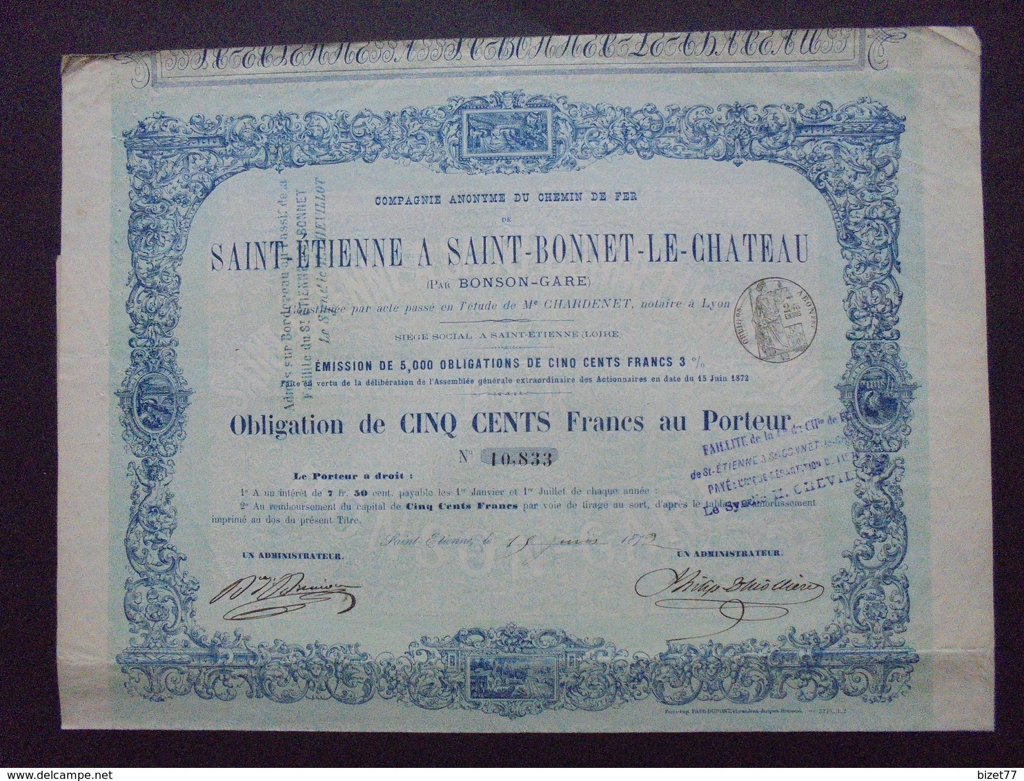 FRANCE - ST ETIENNE 1872 - CDF DE ST ETIENNE A ST BONNET LE CHATEAU, PAR BONBON-GARE , OBLIGATION 500 FRS - DECO - Autres & Non Classés