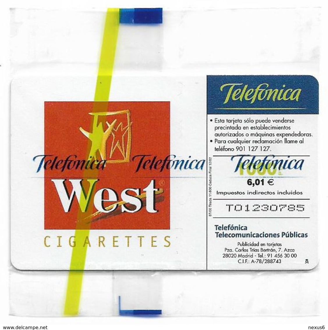 Spain - Telefónica - West Tobacco Formula 1 - CP-190 - 07.2000, 11.600ex, NSB - Conmemorativas Y Publicitarias