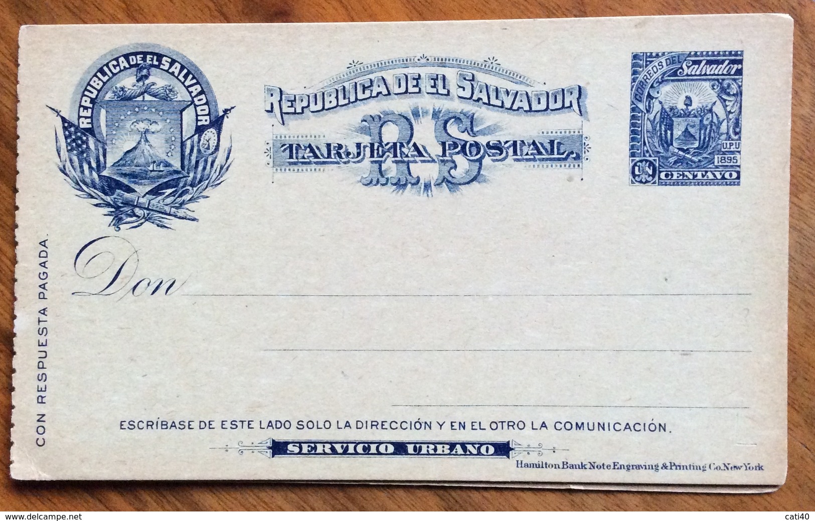 EL SALVADOR 1895  TARJETA POSTAL CARD 1 CENTAVO  PARA LA RESPUESTA (CON RISPOSTA PAGATA) SERVICIO URBANO - Interi Postali