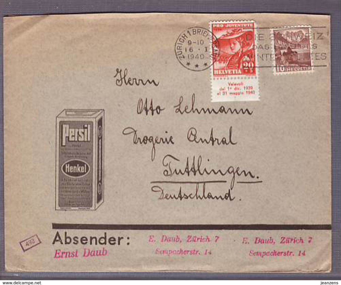 Lettre Réclame "PERSIL" Aff. Pro Juventute 1939   - Obl. Zürich  16.01.1940 ->Tuttlingen - Zensur/Censored/Censure E - Lettres & Documents