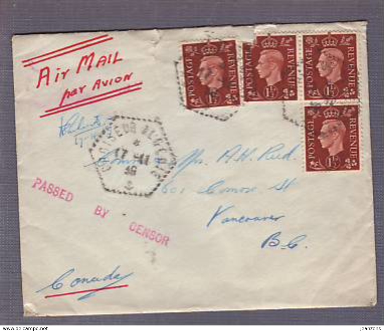 Lettre Par Avion Affr GB Obl. Croiseur Algérie 17.11.1939-> Vancouver BC - Zensur/Censored/Censure  Passed By Censor - Guerre De 1939-45