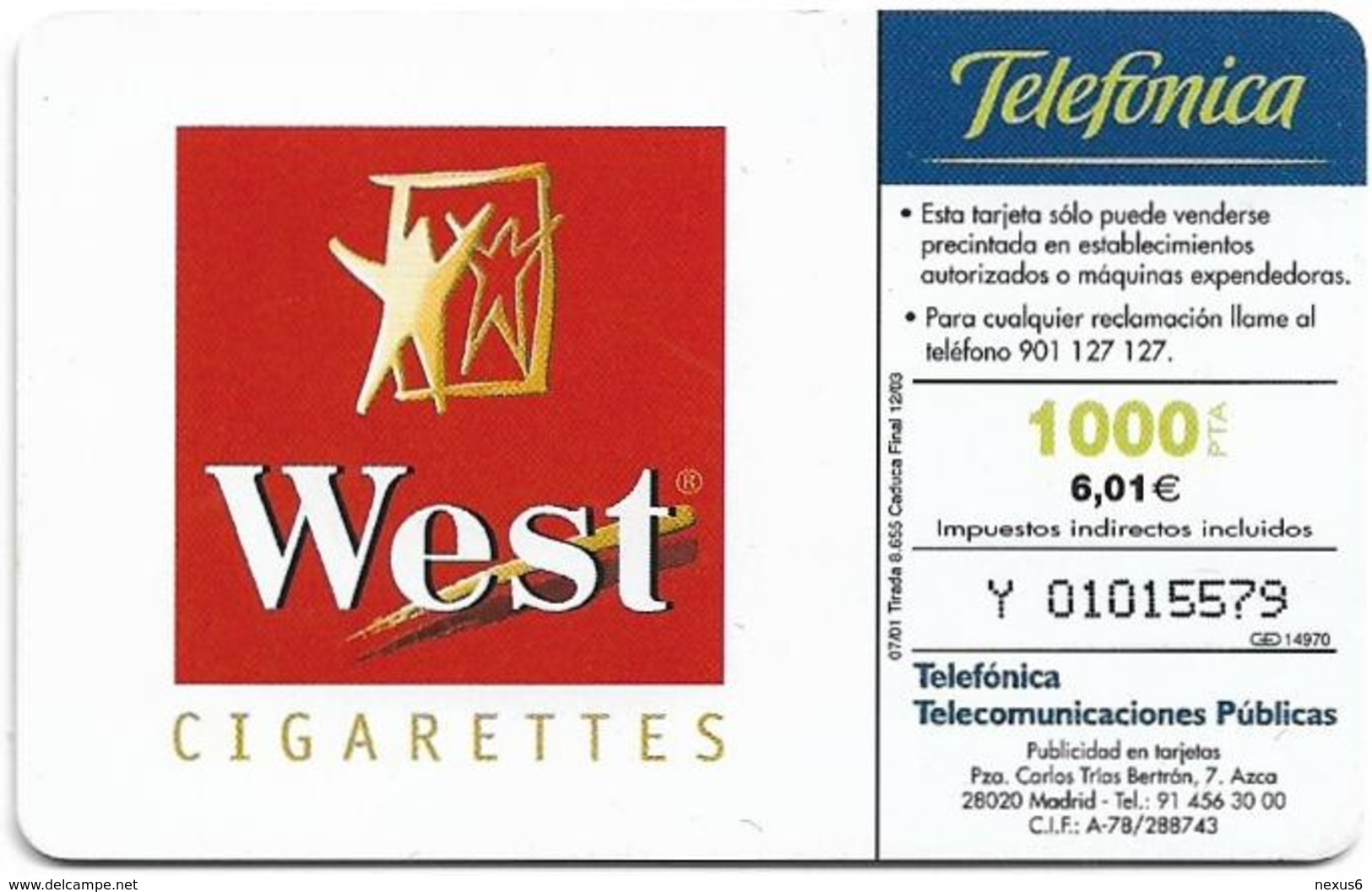 Spain - Telefónica - West Tobacco Formula 1 - CP-236 - 07.2001, 6.01€, 8.655ex Used - Conmemorativas Y Publicitarias