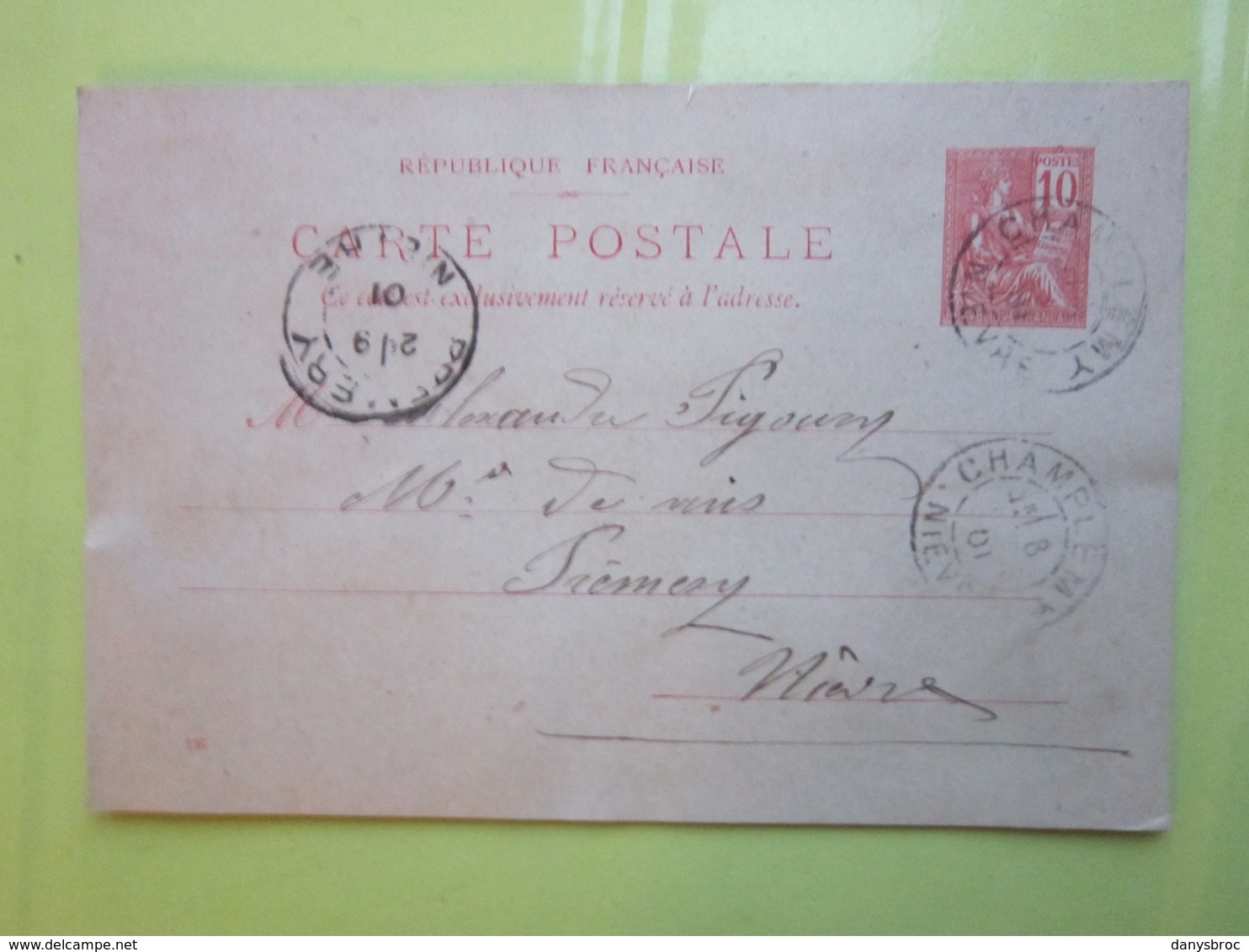 Carte Postale,Timbre Entier Type MOUCHON 10cts Oblitérée Champlemy & Prémery (58) Le 7/08/1901 - Cartes Postales Types Et TSC (avant 1995)