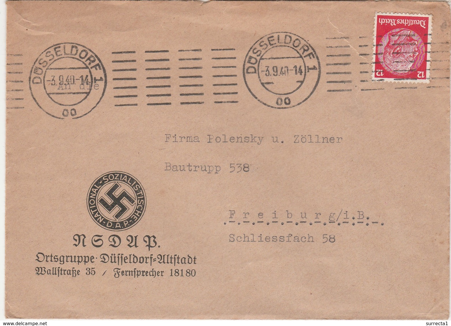 1940 / Enveloppe Cachet National Sozialistche DAP / Croix Gammée / Dûsseldorf Allemagne - 1939-45