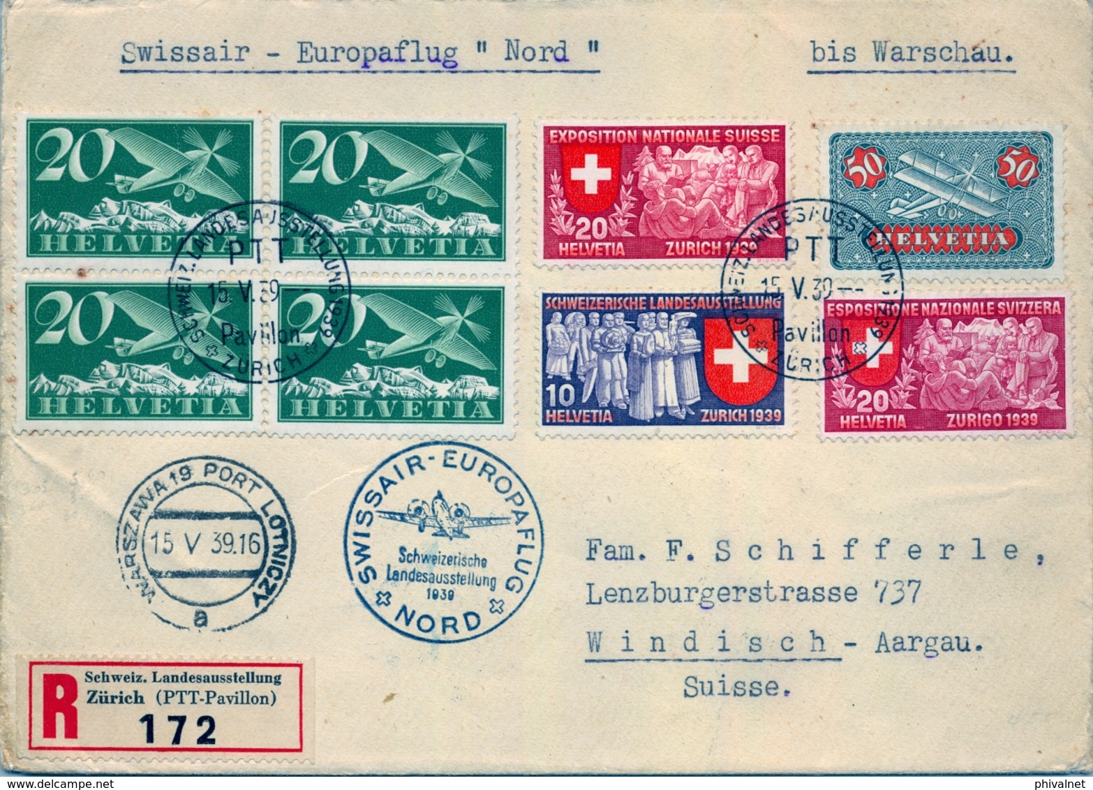 1939 , SUIZA / SCHWEIZ , CERTIFICADO , ZÜRICH PTT PAVILLON - WINDISCH , SWISSAIR - EUROPAFLUG " NORD " , BIS WARSCHAU - Altri & Non Classificati