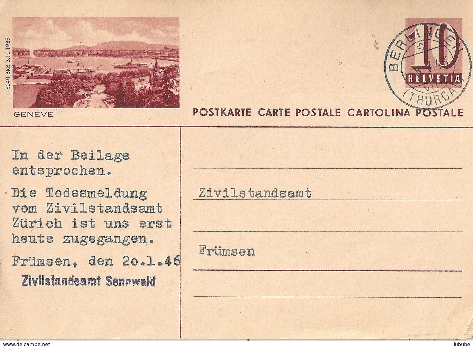 PK 158  "Genève 6040 BRB 3.10.1939"          1946 - Stamped Stationery