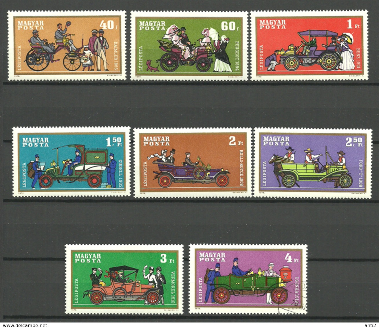 Hungary 1970 Historic Cars, Daimler, Peugeot, Benz, Cudell, Rolls-Royce, Ford T, Vermorel, Csonka Mi 2564-2571 - Other & Unclassified