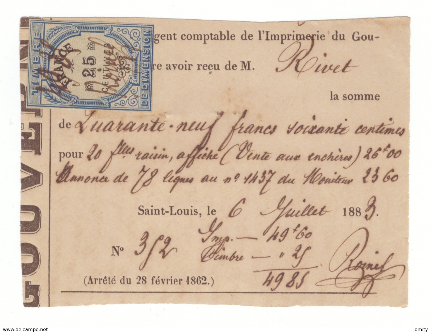 Senegal Timbre Fiscal 1883 Saint Louis Reçu Agent Comptable De L' Imprimerie Du Gouvernement - Lettres & Documents